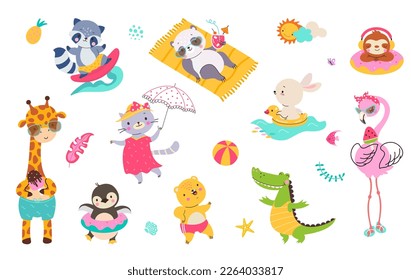 Cute summer animals, raccoon surfer and sloth panda resting beach. Traveling fun activities, happy giraffe flaming eating ice cream, nowaday recent animal characters svg