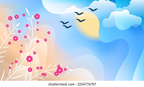 Cute summer art wallpaper. Scarlet flowers with white stems and leaves against the background of overlapping wavy forms and a fragment of the sky with the sun, clouds, flying birds. Vector.