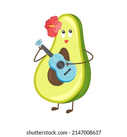 Cute summer avocado cartoon character playing on ukulele guitar - summer vibes hawaian print for t-shirts, greeting cards, stickers. Kawaii summer avocado on vacation vector illustration eps10