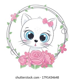 Cute summer baby cat with flower wreath. Vector illustration for baby shower, greeting card, party invitation, fashion clothes t-shirt print.