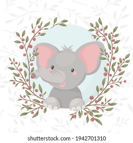 Cute summer baby elephant with flower wreath. 