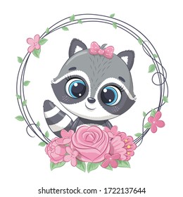 Cute summer baby raccoon with flower wreath. Vector illustration for baby shower, greeting card, party invitation, fashion clothes t-shirt print