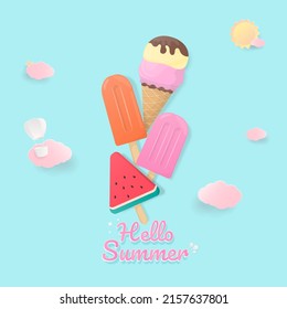 Cute summer background design with ice cream floating in the sky, pastel color.
