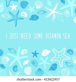 Cute summer background with different shells and starfishes and hand written text