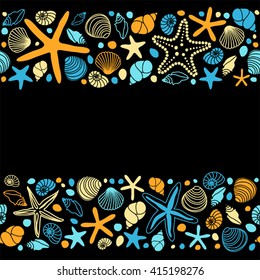 Cute summer background with different shells and starfishes as seamless borders for your decoration