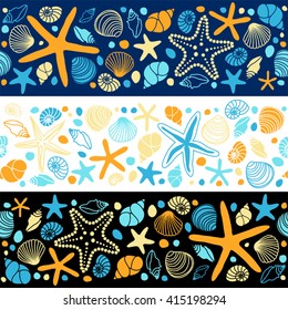 Cute summer background with different shells and starfishes as seamless borders for your decoration