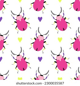 Cute summer background with pink beetles and colorful hearts. Seamless pattern with cartoon elements.