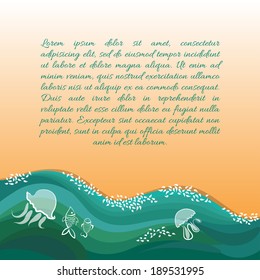 Cute summer background with sandy beach and sea waves. Marine life. 