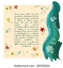 Cute summer background with sandy beach and sea waves. Marine life. 