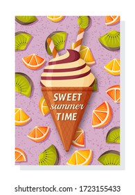 Cute summer background template for banners and wallpapers, invitation cards and posters. Sweet ice cream and kiwi, orange and lemon at the back. Vector illustration.