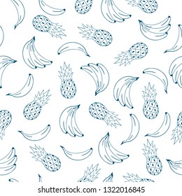 Cute summer banana and pineapple seamless pattern in outline with juicy fruits. Party texture. Vector background.