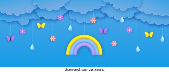 Banner de verano. Arcoiris 3d, flores, gotas de lluvia, mariposas y nubes de papel sobre un fondo azul del cielo. Ilustración vectorial en corte de papel y estilo de caricatura 3d.