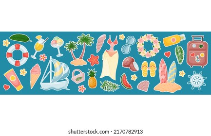 Cute summer banner with many elements.. Horizontal flyer. Top of site. Vector illustration. Cartoon style.