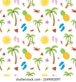 Cute summer beach crab coconut tree season seamless pattern vector 4k