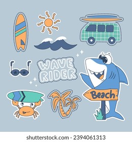 Cute summer beach elements set isolated on blue background illustration vector, Cute cartoon shark and crab with surfboard for sticker.