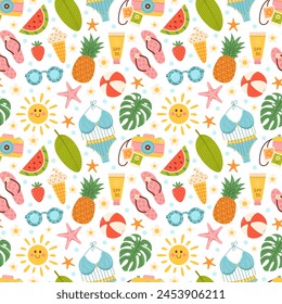 Cute summer beach elements. Vacation accessories for sea holidays. Hand drawn cartoon vector seamless pattern