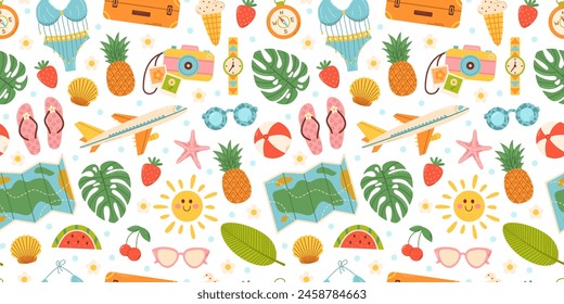 Cute summer beach elements. Vacation accessories for sea holidays. Hand drawn vector seamless pattern