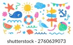 Cute summer beach hand drawn style elements. Hand sketched, naive art beach illustrations. Chalk, crayon texture.  