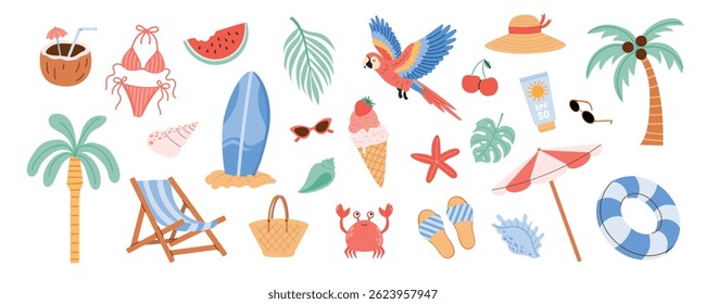 Coleção de ícones de praia bonito verão. Traje de banho, melancia, palmeiras, prancha de surf, caranguejo, óculos de sol, sorvete, coco e acessórios de viagem em estilo vetorial plano.