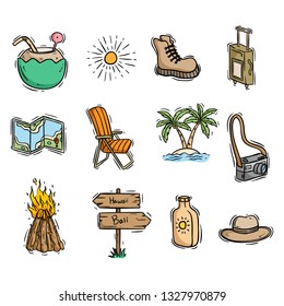cute summer or beach icons with colored doodle style