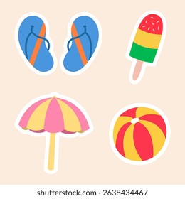 Cute Summer Beach Icons Set – Sandals, Pop Sicle, Umbrella, Beach Ball. A fun and colorful vector set of summer themed illustration.