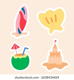 Cute Summer Beach Icons Set – Surfboard, Coconut Drink, Shell, and Sandcastle. A colorful vector illustration of summer-themed beach icons. 
