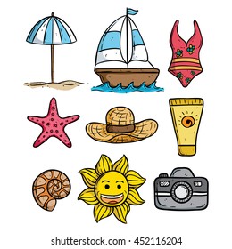 Cute summer or beach icons set with outline and using doodle art