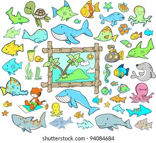 Cute Summer Beach Ocean Animal Vector Illustration Cartoon Design Elements Set