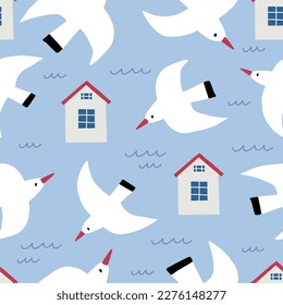 Cute Summer beach seamless  pattern with wave and gull - vector print in flat style