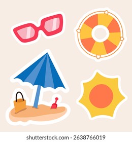 Cute Summer Beach Sticker Icon Set Vector Illustration-A set of four cute summer beach-themed sticker icons. Includes sunglasses, a lifebuoy, a beach umbrella with a sand bucket, and a sun icon.