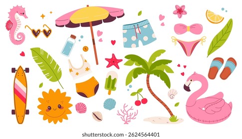 Bonitos adesivos de praia de verão. Ícones, sinais, banners. Elementos de férias divertidos: maiôs, palmeiras, carros alegóricos, comida, pranchas de surf, sorvete e acessórios de férias. Coleção Summer