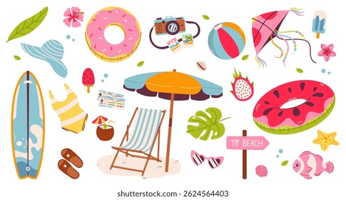 Bonitos adesivos de praia de verão. Ícones, sinais, banners. Elementos de férias divertidos: maiôs, palmeiras, carros alegóricos, comida, pranchas de surf, sorvete e acessórios de férias. Coleção Summer