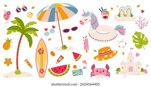 Bonitos adesivos de praia de verão. Ícones, sinais, banners. Elementos de férias divertidos: maiôs, palmeiras, carros alegóricos, comida, pranchas de surf, sorvete e acessórios de férias. Coleção Summer
