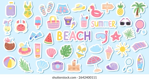 Cute summer beach vector sticker set: sunglasses, swimsuit, ice cream, camera, palm, and more. Perfect for planners, kids crafts, and vacation, travel-themed printable