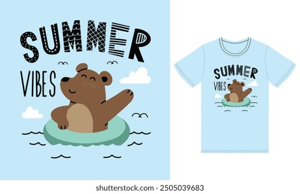 Cute summer bear illustration with tshirt design premium vector the Concept of Isolated Technology. Flat Cartoon Style Suitable for Landing Web Pages,T shirt, Flyers, Stickers