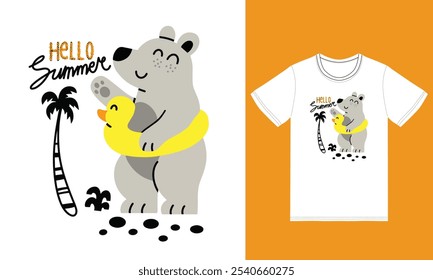 Cute summer bear illustration with tshirt design vector the Concept of Isolated Technology. Flat Cartoon Style Suitable for Landing Web Pages,T shirt, Flyers, Stickers