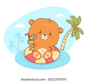 Cute summer bear in relaxing on swim ring with tropical drink. Funny Animal cartoon kawaii beach character vacation. Vector illustration. Kids collection. Not AI