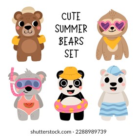 Cute summer bear set. Panda, koala, grizzly, polar, sloth. Kawaii cartoon character in sunglasses. Baby greeting card template. Notebook cover, tshirt.