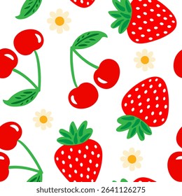 cute summer berries and daisies repeating print cheerful garden illustration for children's fashion and decor white background rustic