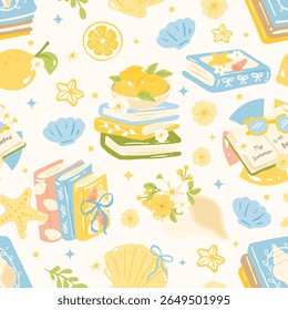 Cute Summer Book Seamless Pattern, Pastel Lemon and Shell Beach Theme, Kawaii Reading and Floral Repeat Design