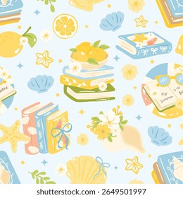 Cute Summer Book Seamless Pattern, Pastel Lemon and Shell Beach Theme, Kawaii Reading and Floral Repeat Design