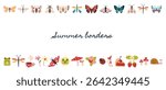 Cute summer border design with butterflies, flowers, berries, frogs, mushrooms and insects. Trendy modern vector illustration isolated on white background, hand drawn, flat design