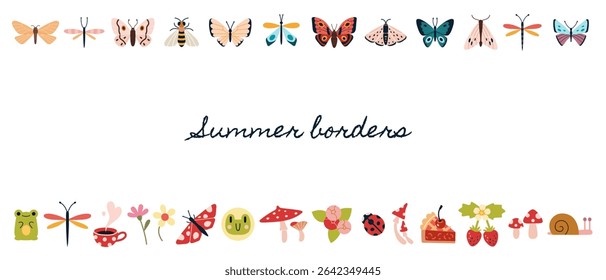 Cute summer border design with butterflies, flowers, berries, frogs, mushrooms and insects. Trendy modern vector illustration isolated on white background, hand drawn, flat design