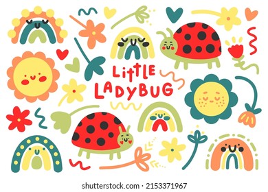 Cute summer botanical vector set with ladybugs. Bright kawaii doodles, flowers and dreamy rainbows in sunny forest colors for babies, prints, posters, patterns, textiles, gifts, cards, stickers, decor
