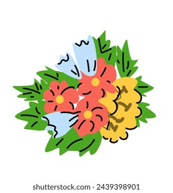 Cute summer bouquet - flowers with leaves. Vector illustration can used for greeting card, banner. Brazil exotic flowers. 