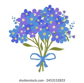 Lindo ramo de verano de no me olvides con un lazo azul. Ilustración vectorial floral dibujada a mano aislada sobre fondo blanco. Diseño botánico para tarjeta de felicitación, invitación, impresión, decoración de ropa