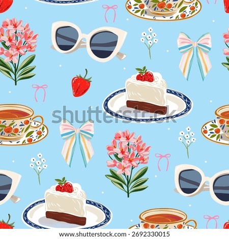 Cute Summer Breakfast Dessert Seamless Vector Pattern with Tea, Cake, Strawberries, Sunglasses, Flowers, and Bows. Modern Italian Dolce Vita Design for Fabric, Wrapping Paper, and Stationery
