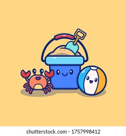 Cute Summer Bucket Sand With Crab And Ball Cartoon Vector Icon Illustration. Summer Icon Concept Isolated Premium Vector. Flat Cartoon Style  svg
