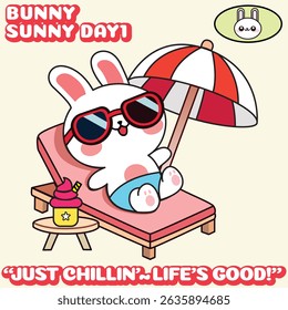 A cute summer bunny is relaxing on a beach chair under a red-and-white umbrella, wearing red sunglasses and enjoying a sunny day.