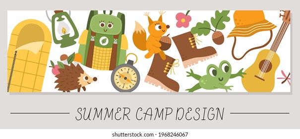 Cute Summer camp horizontal card with forest animals and camping elements and equipment. Vector adventure trip print template. Active holidays or local tourism bookmark or border banner design 

